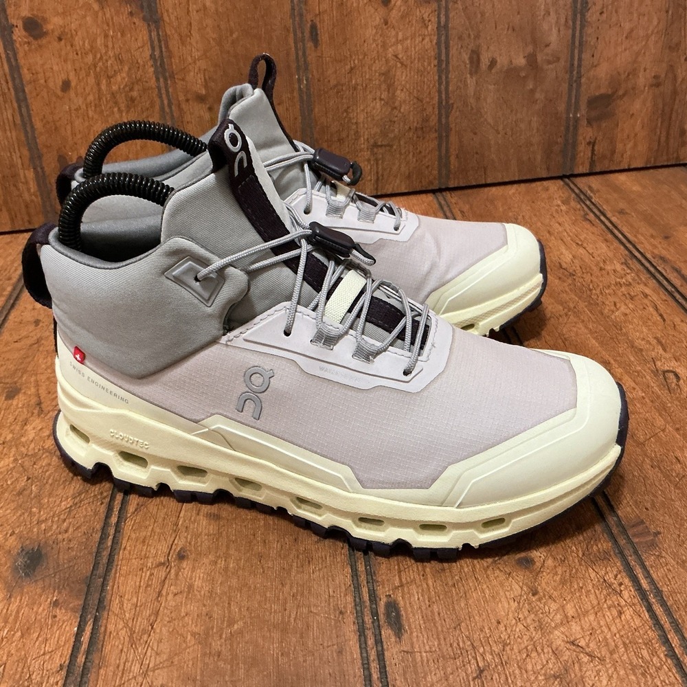 On Cloudhero Size 4Y Mid Waterproof Unisex Kids Mid Top Sneakers Gray Beige Navy